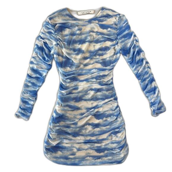Just Drew Women's XS - S Fitted Cloud Mini Dress Long Sleeve Blue Bodycon - Picture 2 of 5